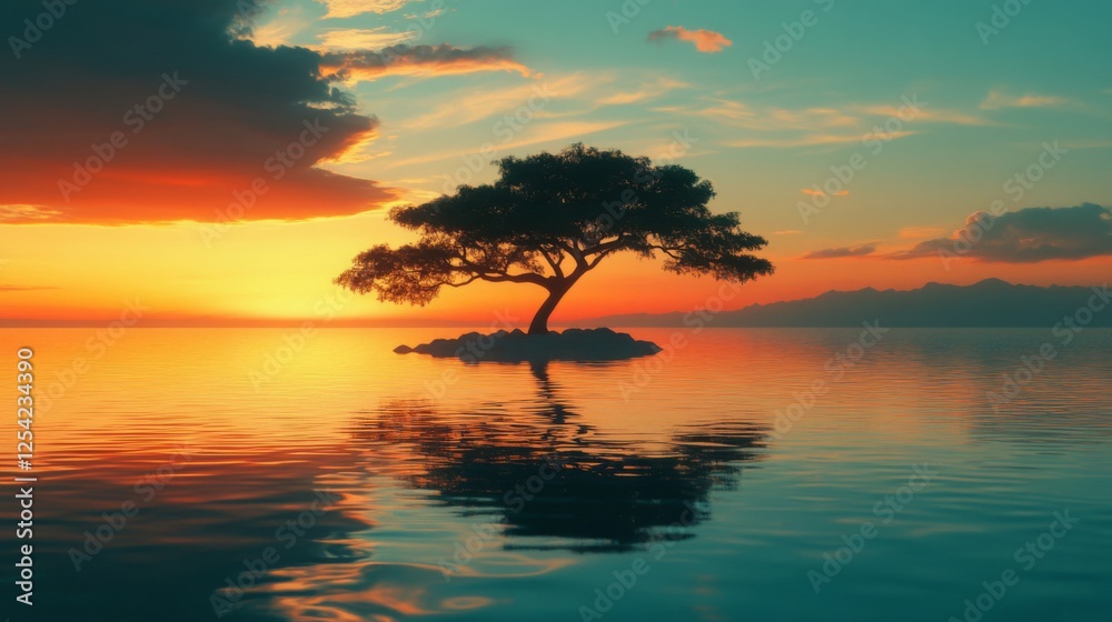 Tranquil Sunset Over Watery Island With Silhouetted Tree