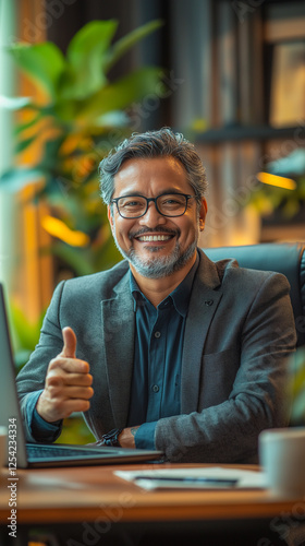 A photograph depicts an excited middle-aged male manager in glasses, sitting at a desk with a laptop and giving a thumbs up to the camera