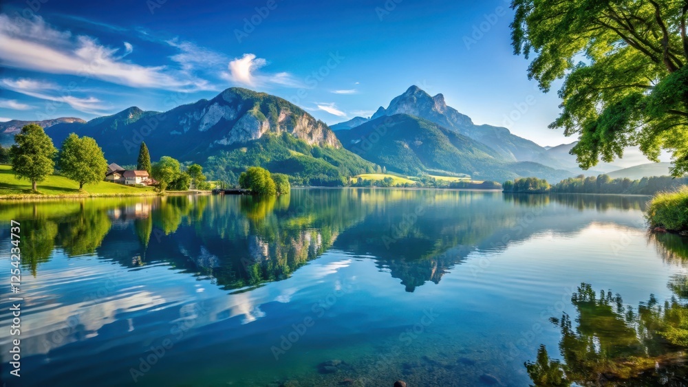Serene lakefront scene in Mondsee Austria with lush greenery and surrounding mountains reflected perfectly in the calm waters, Scenic View, Nature Serene lakefront scene in Mondsee Austria with lush greenery and surrounding mountains reflected perfectly in the calm waters, Scenic View, Nature