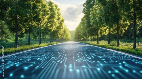 A futuristic road with a circuit board design, surrounded by lush trees and a serene landscape.