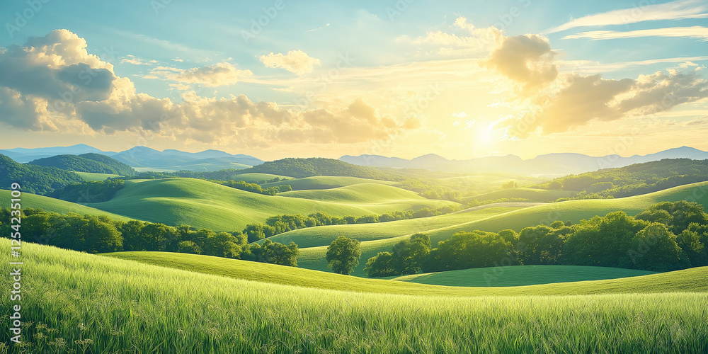 Fototapeta premium Breathtaking sunrise over rolling green hills nature scene landscape photography tranquil environment panoramic view serenity concept