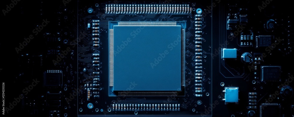Fototapeta premium Blue processor chip on circuit board, technology background