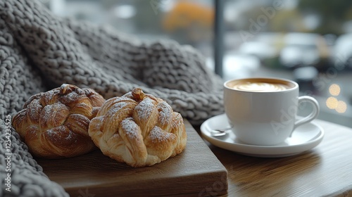 Cozy autumn coffee break with pastries by window photo