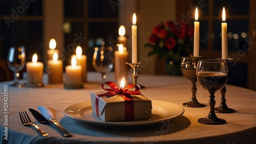 A romantic candlelit dinner scene with a gift placed on the table photo