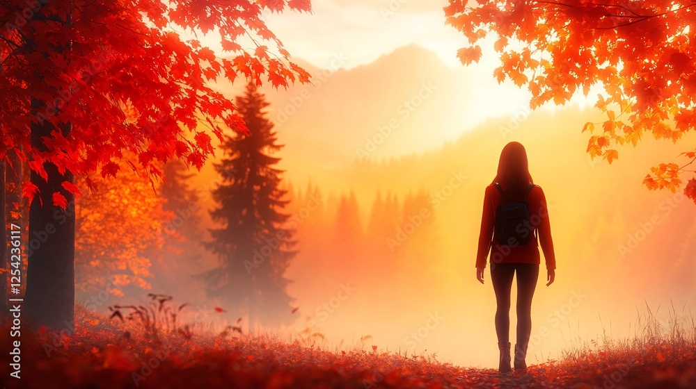 Fototapeta premium Serene Autumn Walk with Vibrant Foliage and Misty Mountain Backdrop at Sunset