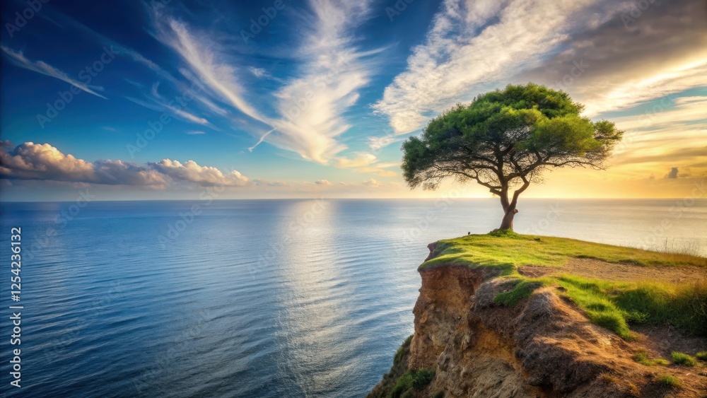 A serene landscape with a lone tree standing on a cliff overlooking a vast expanse of ocean, solitary, earth A serene landscape with a lone tree standing on a cliff overlooking a vast expanse of ocean, solitary, earth
