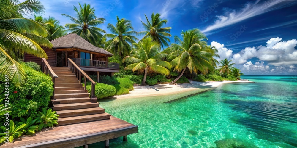 Fototapeta premium Luxurious villa on tropical beach with steps leading into crystal-clear turquoise water, surrounded by lush greenery and swaying palm trees , palm trees, access path