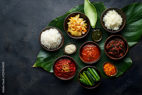 A top-down view of Nasi Lemak, Rendang, Sambal , and traditional side dishes served in rustic bowls with banana leaves.