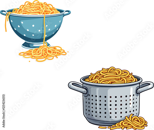 Vsai cartoon illustration of spaghetti in colanders