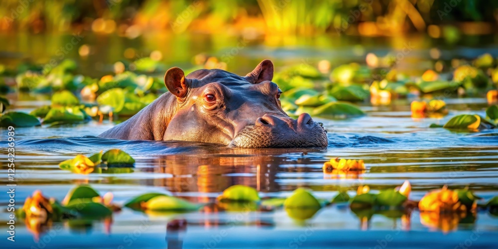 Fototapeta premium hippopotamus floating in calm lake water on sunny day with few lily pads and aquatic plants , water, lake, water, lake