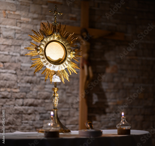 The Blessed Sacrament exposed for adoration in a community chapel.