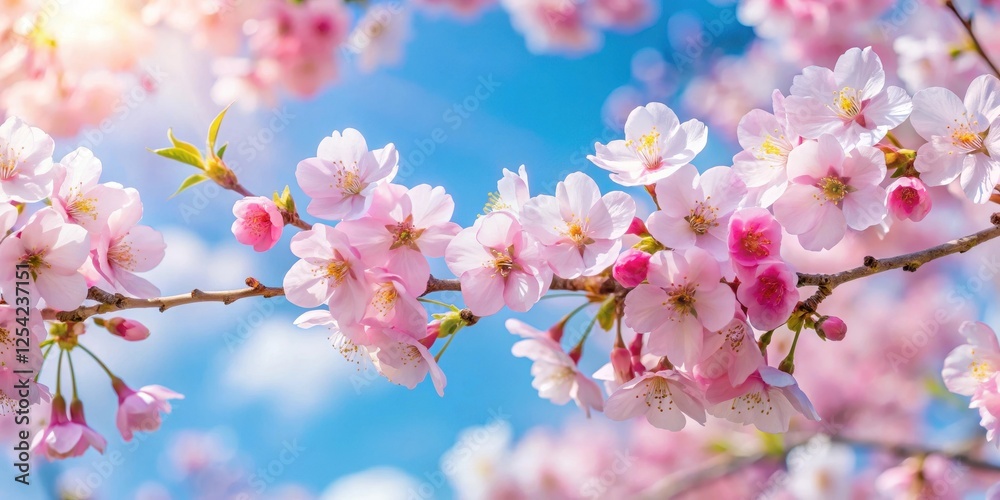 Soft pink petals gently unfolding from delicate cherry blossom tree branches in full bloom against a clear blue sky with minimal clouds, spring blooms, natural scenery