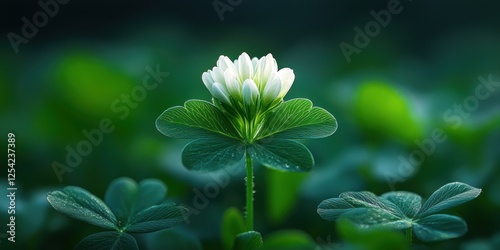 The image captures the beauty of a single white clover flower standing out among verdant green leaves, exuding a sense of harmony with the natural world