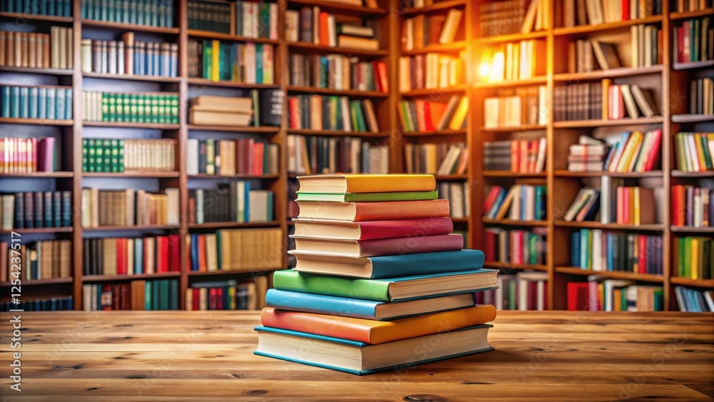 Colorful bookstack at a cozy library, with scattered papers and reading materials , books stack, reading,  books stack