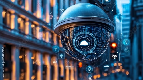 High-tech security camera capturing urban surroundings, showcasing smart technology with cloud and connectivity symbols.