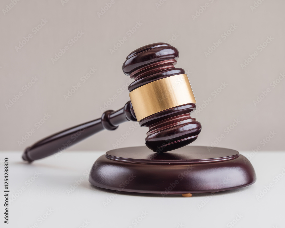 Wooden judge gavel on sound block in courtroom Wooden judge gavel on sound block in courtroom