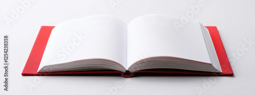 Open blank notebook with a vibrant red cover on a white background, highlighting its clean pages.