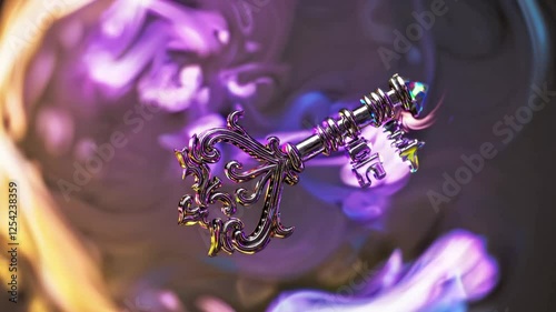 Ornate Metallic Key Against a Purple and Blue Smoke Background
