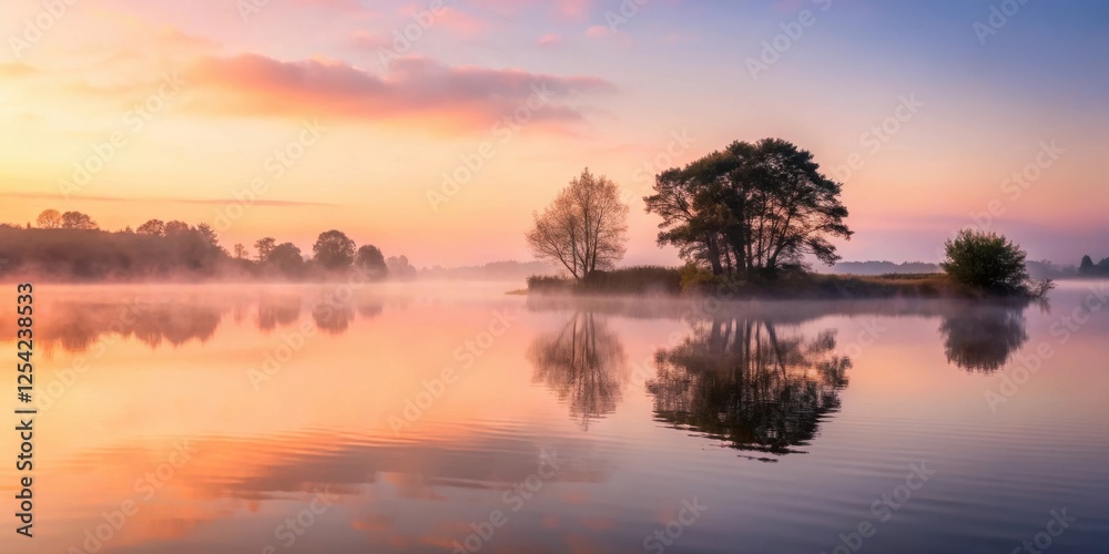 Misty dawn on a serene Irish lake, with trees silhouetted against a soft pink sky and gentle ripples on the water , serenity Misty dawn on a serene Irish lake, with trees silhouetted against a soft pink sky and gentle ripples on the water , serenity