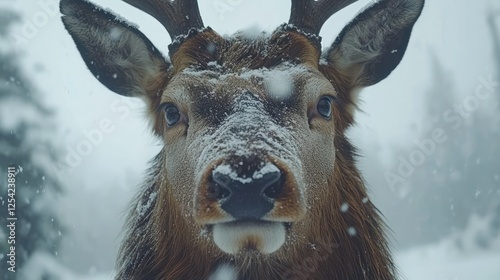 Elk in snowy forest close-up; wildlife, nature, winter photo