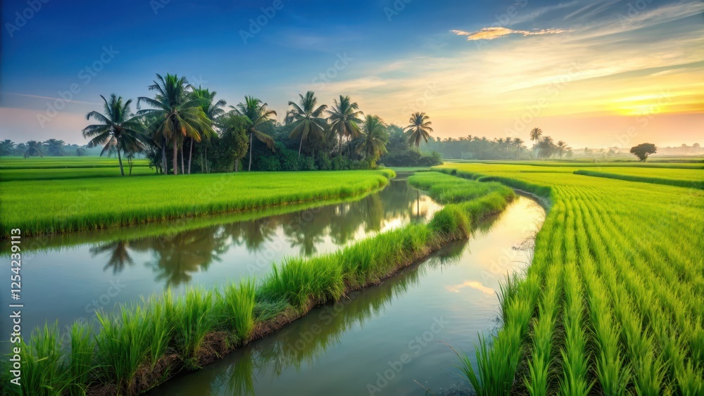 Serene green rice fields stretching towards the horizon, with a few stalks swaying gently in the breeze, surrounded by lush vegetation and serene waterways , rural, lush green rice field Serene green rice fields stretching towards the horizon, with a few stalks swaying gently in the breeze, surrounded by lush vegetation and serene waterways , rural, lush green rice field