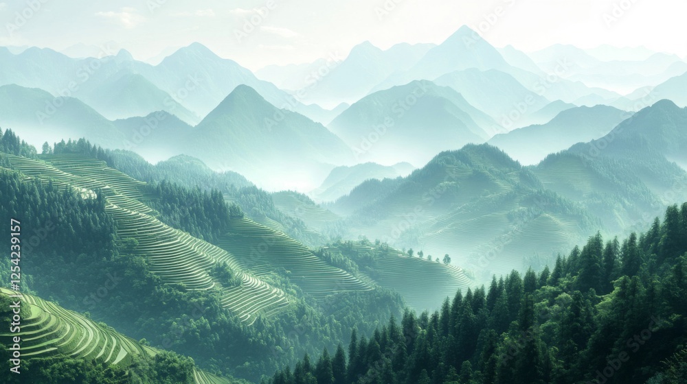 Fototapeta premium Misty Mountain Valley With Terraced Rice Fields