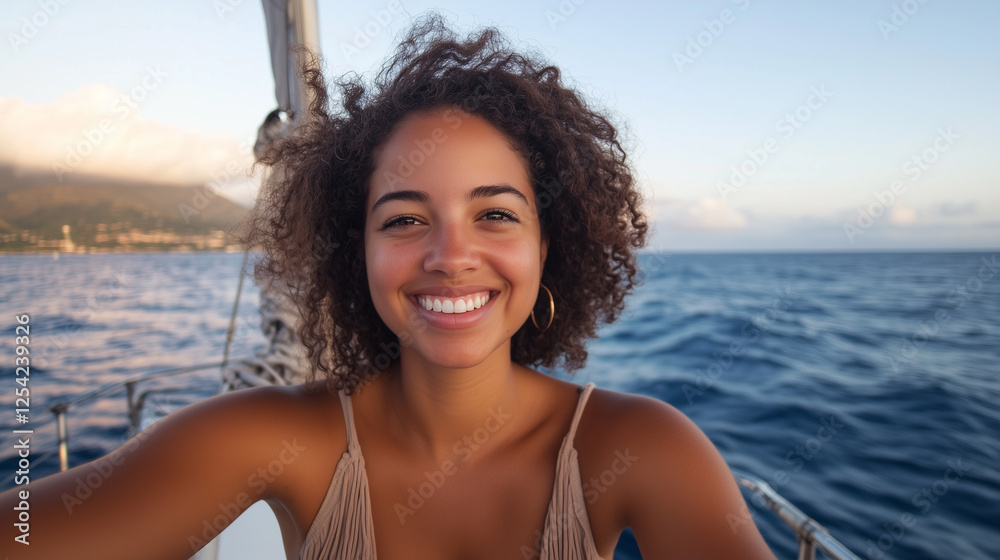 A woman with curly hair smiles sailboat, enjoying serene ocean view. A woman with curly hair smiles sailboat, enjoying serene ocean view.