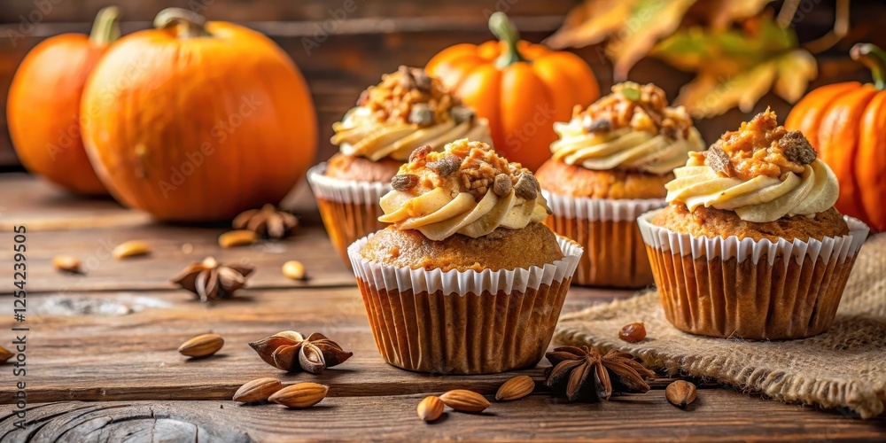 Pumpkin cupcakes with crumbs and seeds on a rustic wooden table, warm autumnal lighting, table, baking, table, baking, crumb Pumpkin cupcakes with crumbs and seeds on a rustic wooden table, warm autumnal lighting, table, baking, table, baking, crumb