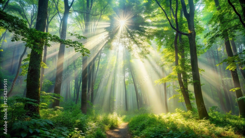 Fototapeta premium Light beams filtering through dense foliage in a mystical forest setting, trees, sunlight
