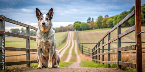 A Australian Cattle Dog standing guard in front of a rural farm gate , herding dog