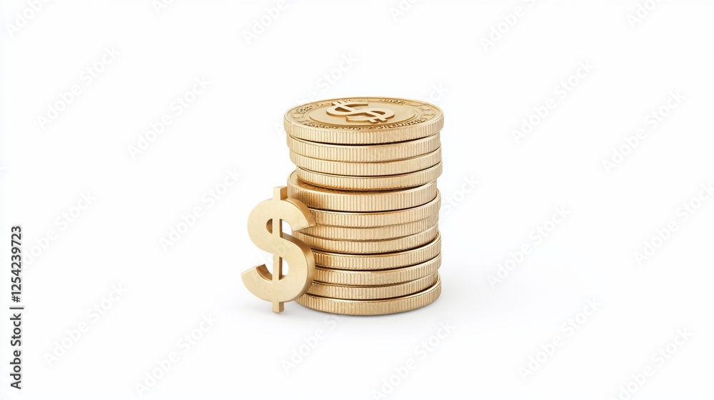 Gold coins stack, dollar sign, white background, finance concept Gold coins stack, dollar sign, white background, finance concept