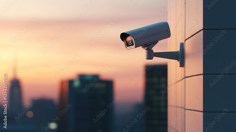 Surveillance camera mounted on building at sunset, capturing urban scenery. Surveillance camera mounted on building at sunset, capturing urban scenery.