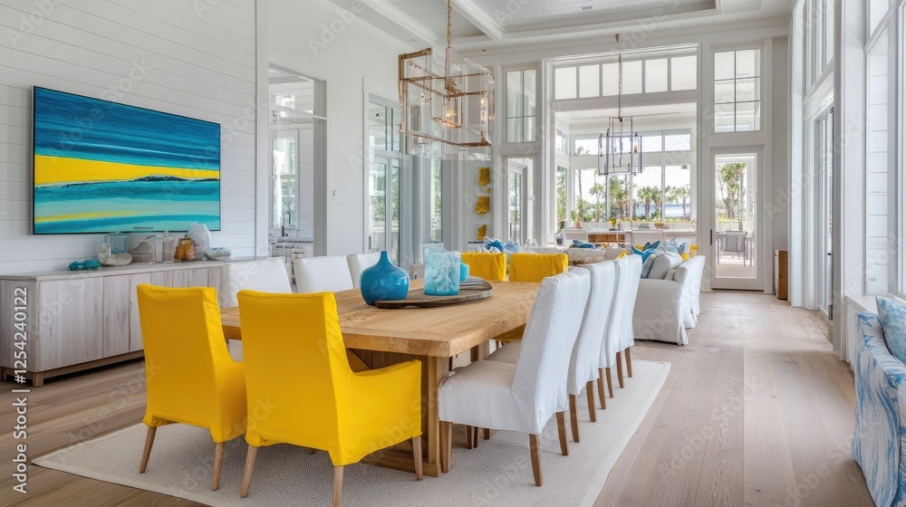 Fototapeta premium A bright and welcoming living and dining room with light yellow sofas, a wooden dining table, and white chairs, creating an open and airy atmosphere.