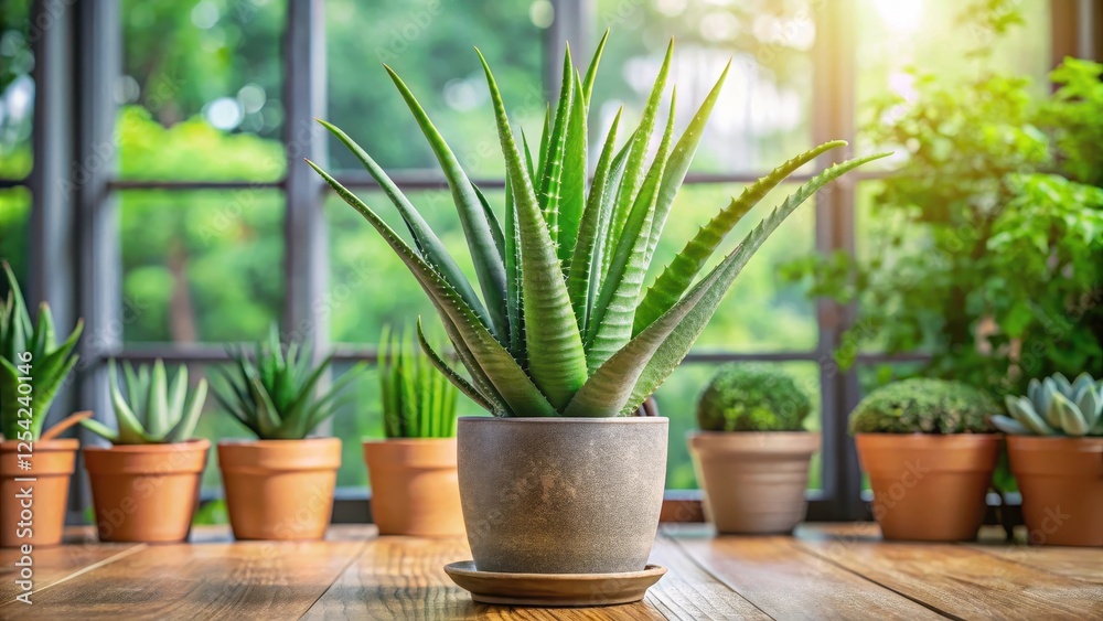 Fototapeta premium Aloe Vera plant with thick green leaves and tall stem in a modern pot, indoor garden, garden, indoor garden