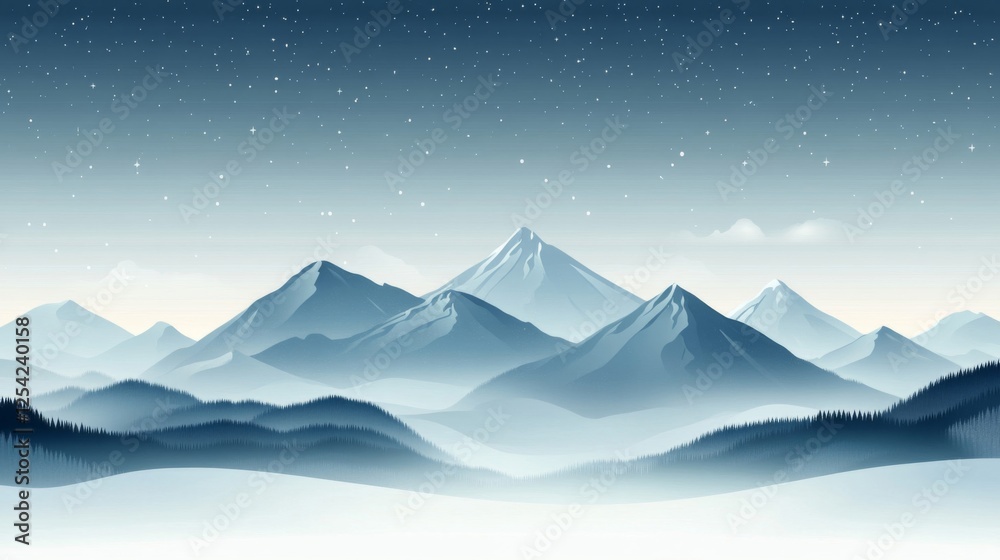 Misty Mountain Range At Night With Snow Misty Mountain Range At Night With Snow