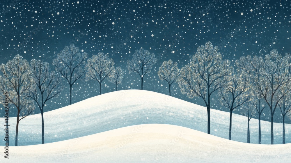 Fototapeta premium Snowy Landscape at Night with Bare Trees