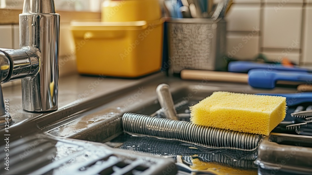A clean drain pipe on a kitchen counter, with a sponge cleaning the interior, surrounded by tools. A clean drain pipe on a kitchen counter, with a sponge cleaning the interior, surrounded by tools.