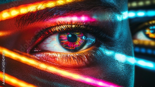 Neon art collage of diverse close-up eyes with glowing striped lights, representing cultural harmony and the unity of all nations