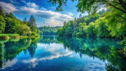 A serene lake scene with a dreamy blue sun reflecting on the water, surrounded by lush greenery and trees, creating a sense of tranquility and peacefulness, reflection, reflective