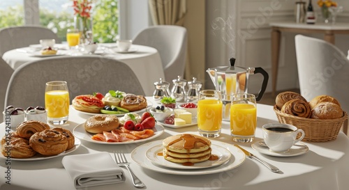 Wallpaper Mural Breakfast table with pancakes, pastries, orange juice, coffee and fruits Torontodigital.ca