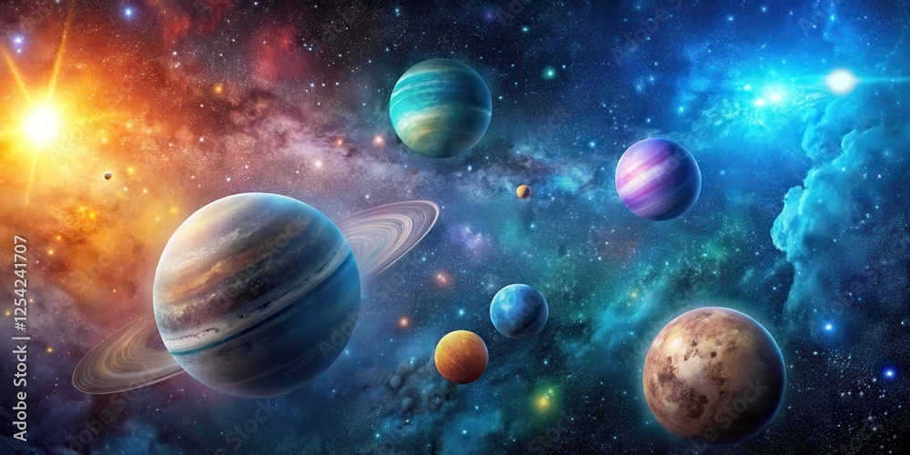 Cosmic Scene with Multiple Planets and Colorful Stars, planets, celestial, planets, celestial Cosmic Scene with Multiple Planets and Colorful Stars, planets, celestial, planets, celestial