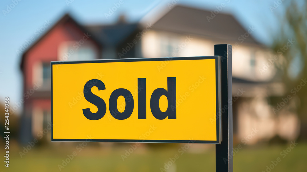 Housing property demand concept. Sold sign in front of modern suburban house, indicating successful sale