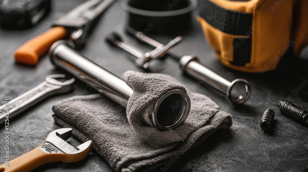 A drain pipe laid on a towel, with a cloth being used to wipe it clean, surrounded by plumbing tools. A drain pipe laid on a towel, with a cloth being used to wipe it clean, surrounded by plumbing tools.