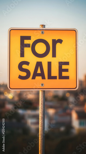 Housing property demand concept. For sale sign with bold typography against blurred background