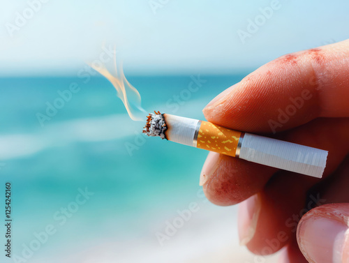 Quitting smoking according to the concept of drug addiction treatment. close up of nicotine stained fingers holding lit cigarette by beach