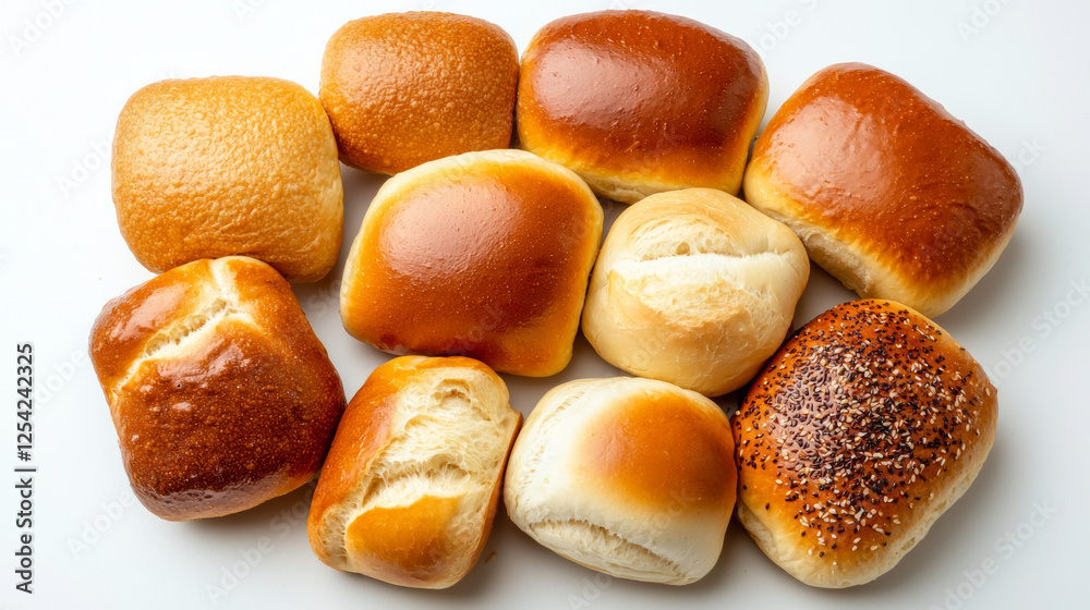 Variety of freshly baked bread rolls arranged on white background. Variety of freshly baked bread rolls arranged on white background.