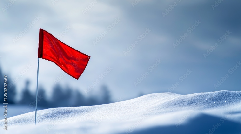 Naklejka premium Snowy golf flag gently waving in the wind, vibrant red against a pale winter background, minimalist composition