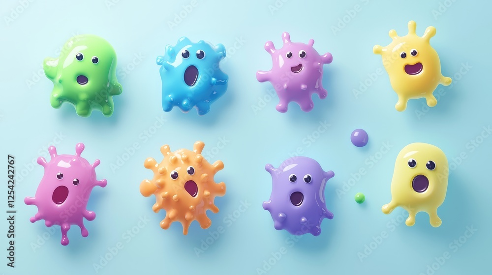 Obraz premium Playful microbe icons with exaggerated features, vibrant color palette, and soft shadows, arranged on a light blue backdrop
