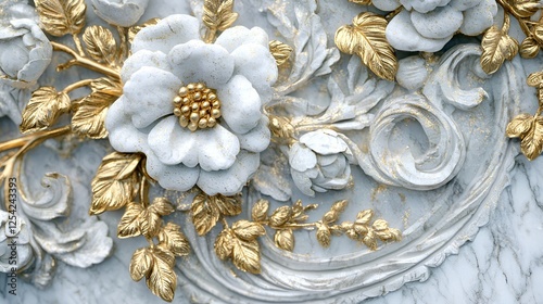 White gold floral wall art, marble background, home decor