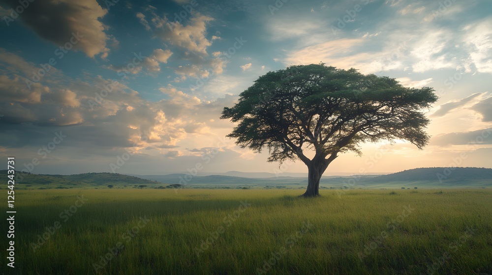 Obraz premium Solitary Tree in African Savanna Sunset Landscape
